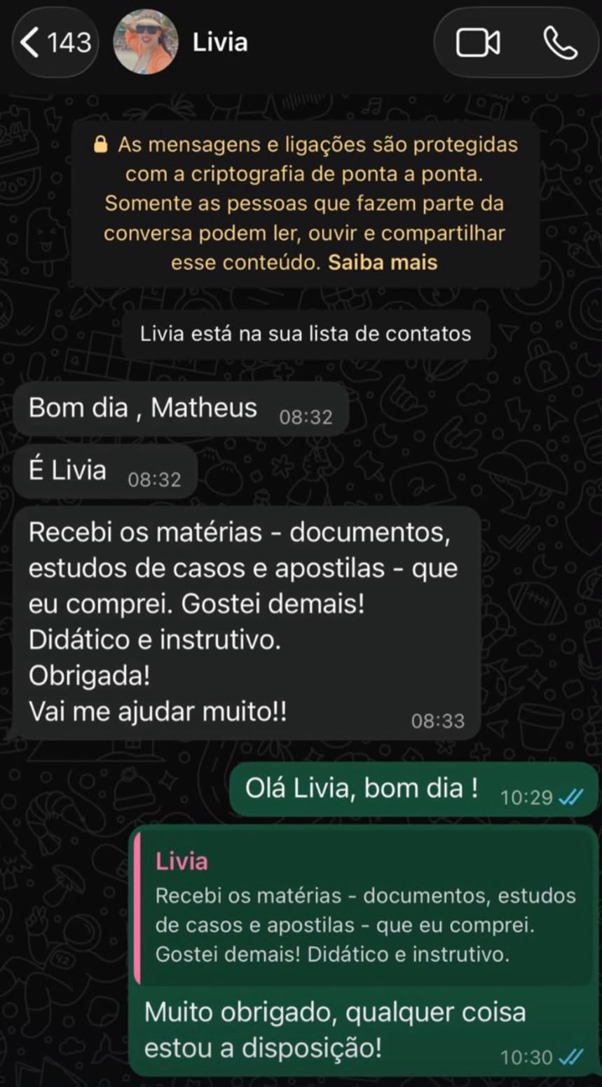 Mensagem de WhatsApp de Livia agradecendo pelos materiais recebidos
