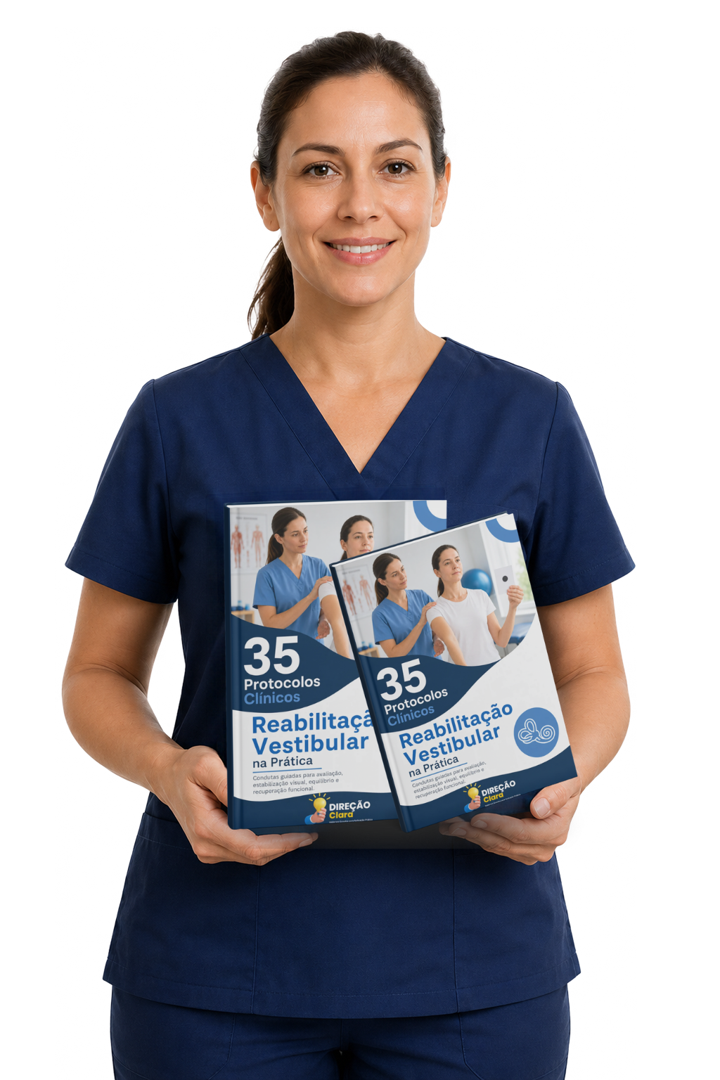 Fisioterapeuta segurando o material Reabilitação Vestibular na Prática, com 35 protocolos clínicos