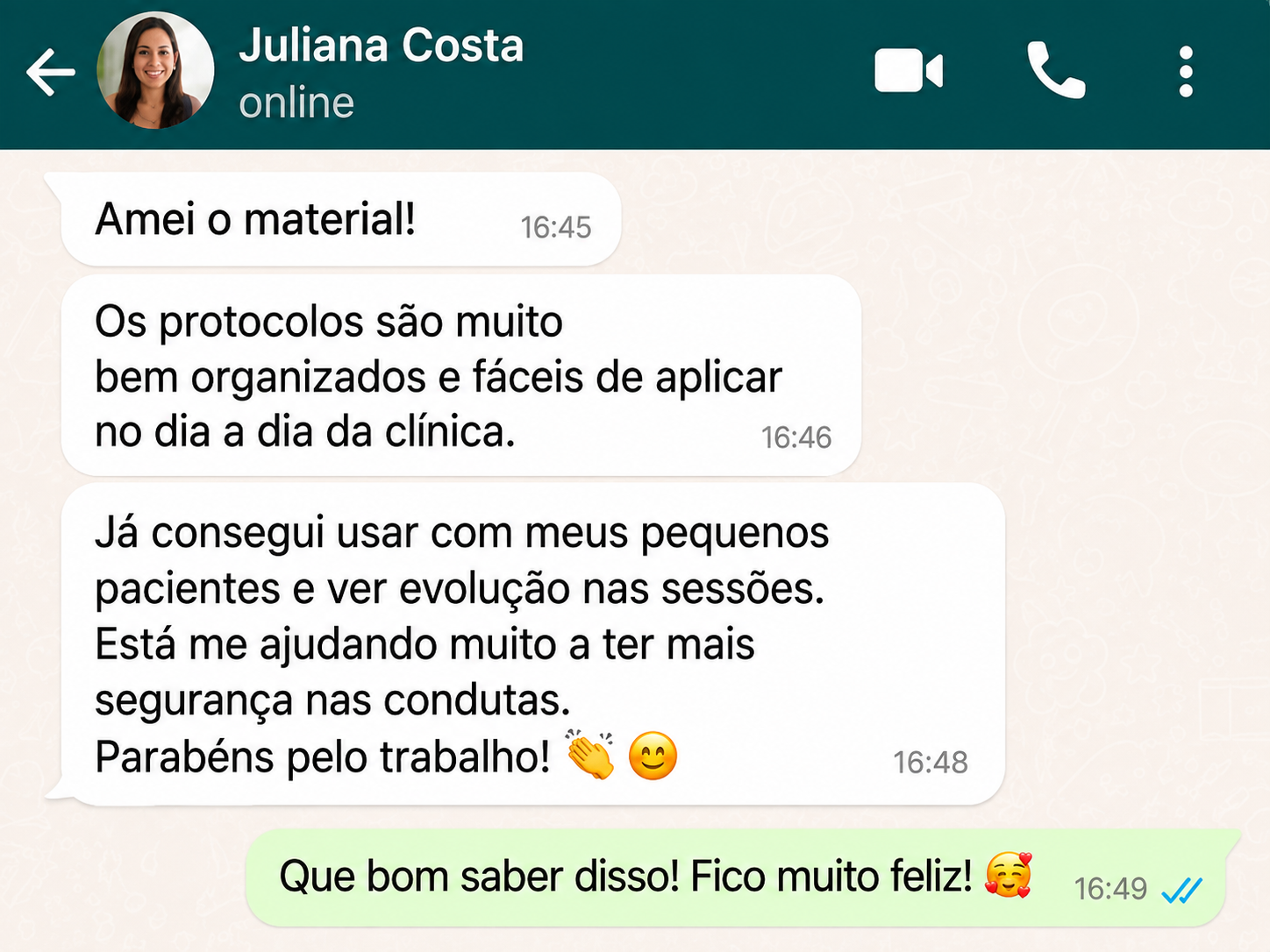 Mensagem de WhatsApp de Juliana Costa elogiando os protocolos do material